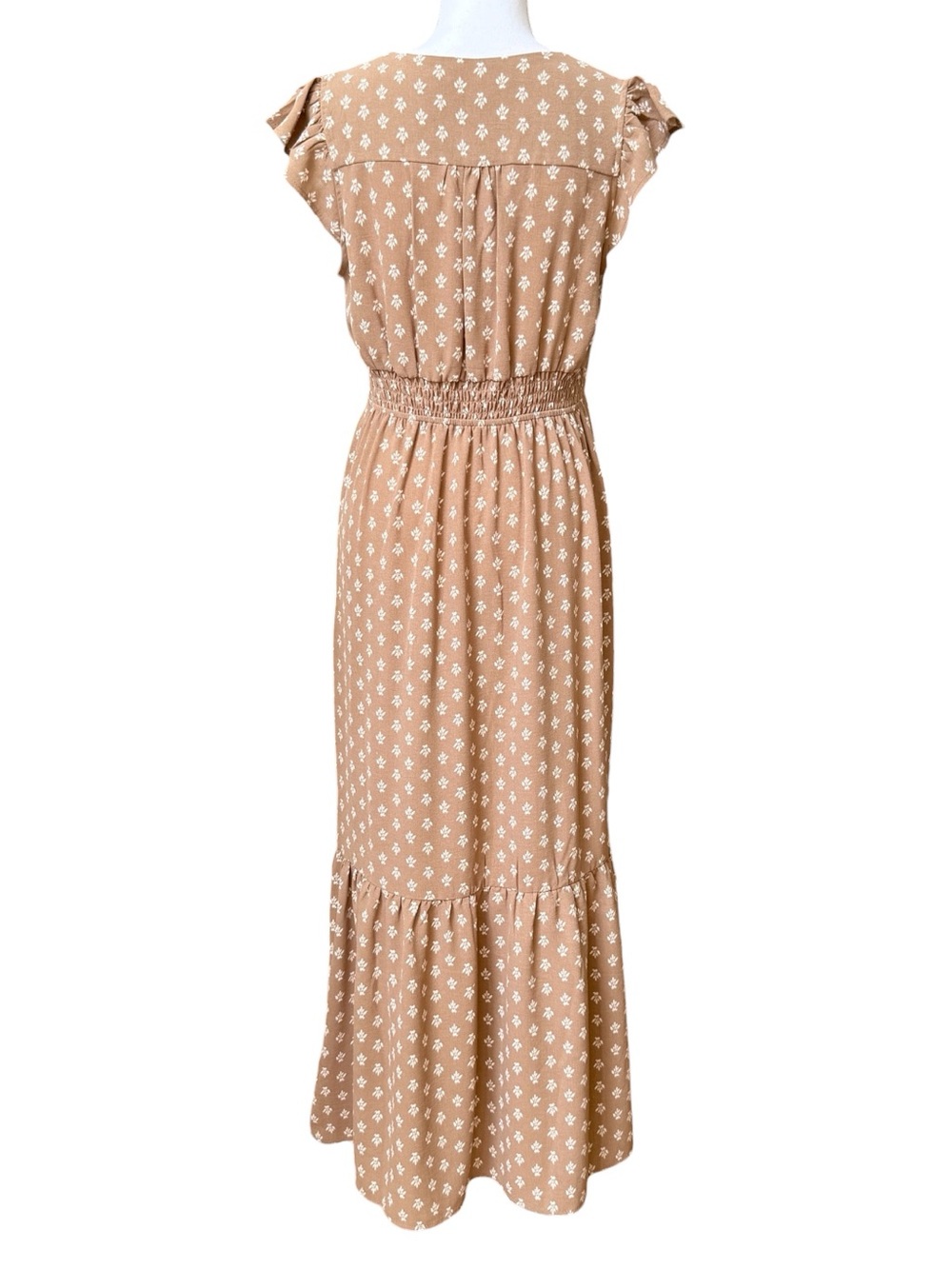 Monteau V-Neck Flutter Sleeves Tan Floral Patterned Maxi Dress Size L Like New - Picture 5 of 11